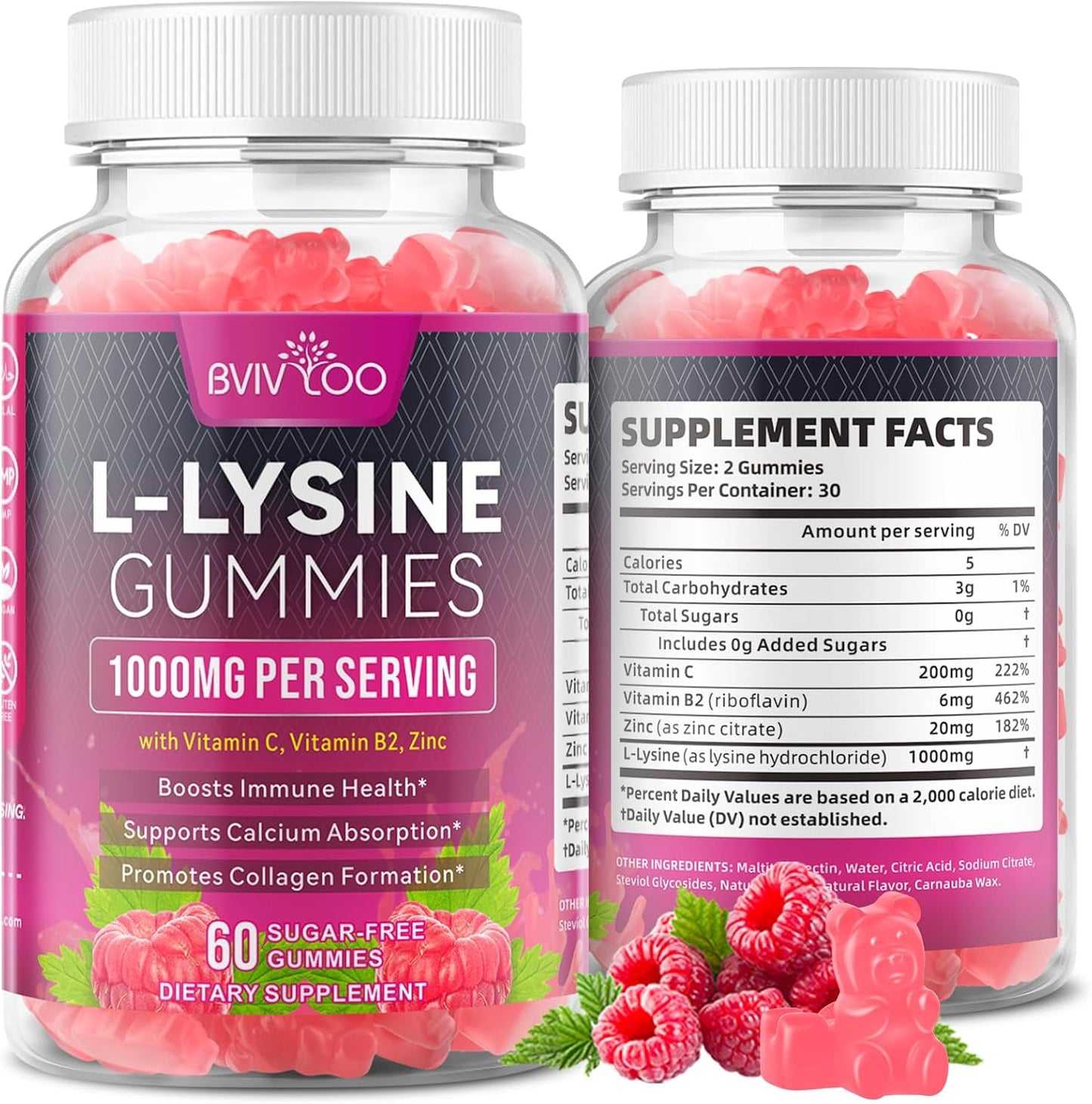 L-Lysine 1000Mg Gummies for Immune Support & Skin Health - High Potency Vegan, Sugar-Free, Gluten-Free Supplement with Natural Raspberry Flavor for Adults & Kids - 60 Gummies