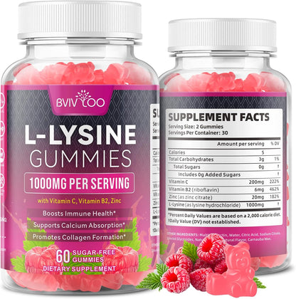 L-Lysine 1000Mg Gummies for Immune Support & Skin Health - High Potency Vegan, Sugar-Free, Gluten-Free Supplement with Natural Raspberry Flavor for Adults & Kids - 60 Gummies