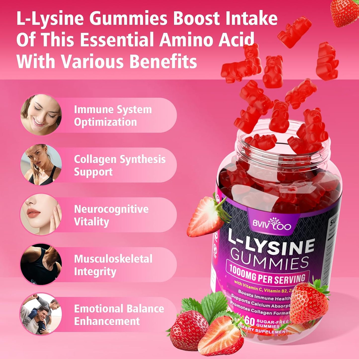 2 Pack L-Lysine 1000Mg Gummies for Immune Support & Skin Health - High Potency Vegan Gummies, Sugar-Free, Natural Berry Flavor, Gluten-Free Chewable Supplement for Adults & Kids - 120 Gummiess