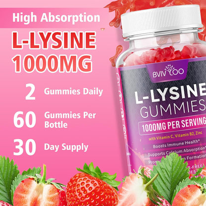 2 Pack L-Lysine 1000Mg Gummies for Immune Support & Skin Health - High Potency Vegan Gummies, Sugar-Free, Natural Berry Flavor, Gluten-Free Chewable Supplement for Adults & Kids - 120 Gummiess