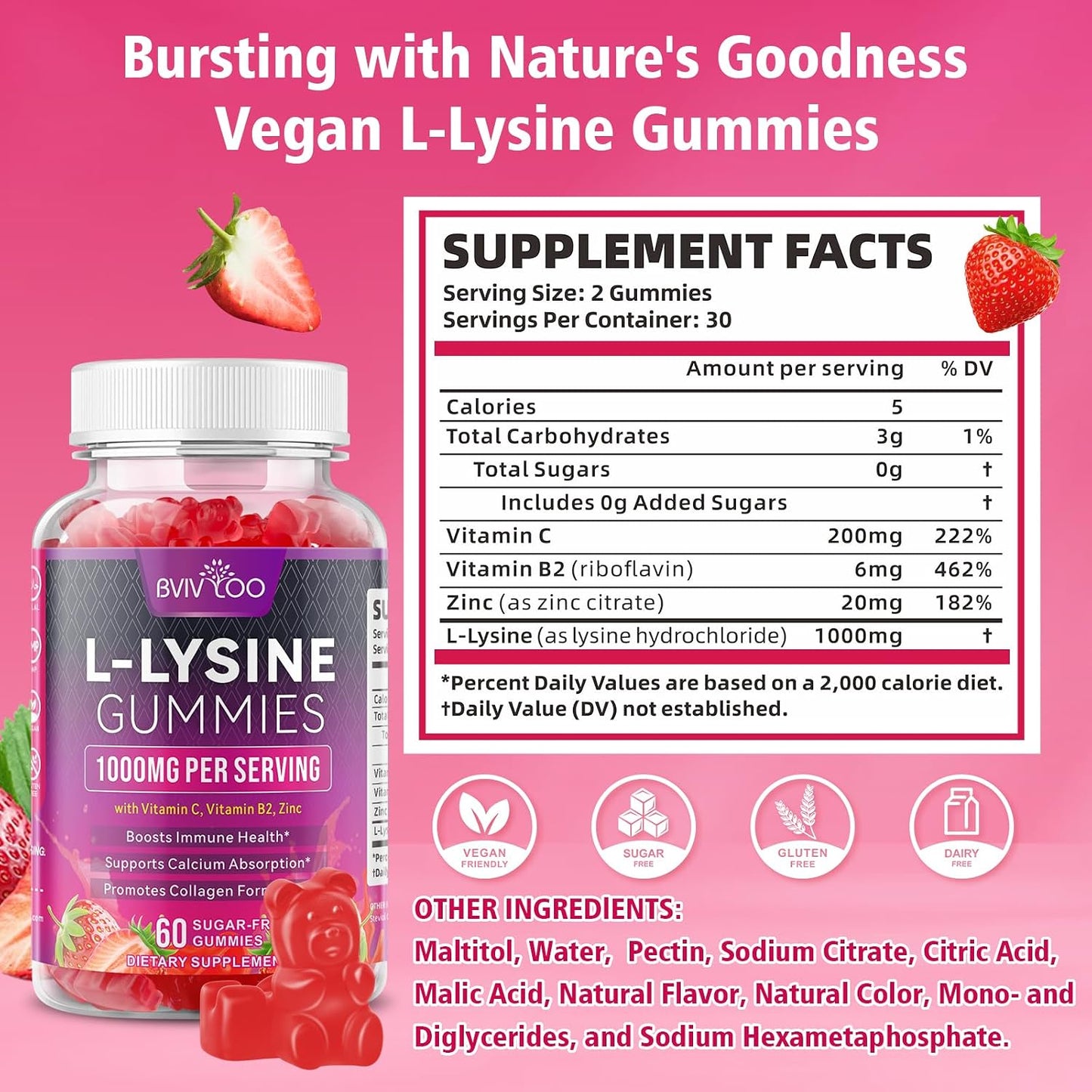 2 Pack L-Lysine 1000Mg Gummies for Immune Support & Skin Health - High Potency Vegan Gummies, Sugar-Free, Natural Berry Flavor, Gluten-Free Chewable Supplement for Adults & Kids - 120 Gummiess
