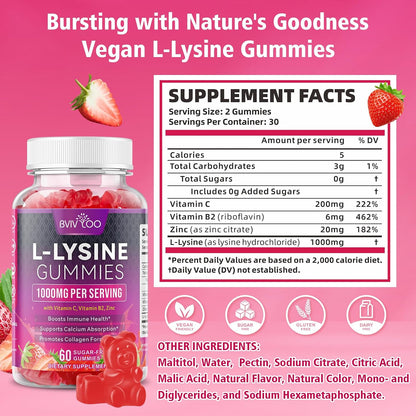 2 Pack L-Lysine 1000Mg Gummies for Immune Support & Skin Health - High Potency Vegan Gummies, Sugar-Free, Natural Berry Flavor, Gluten-Free Chewable Supplement for Adults & Kids - 120 Gummiess