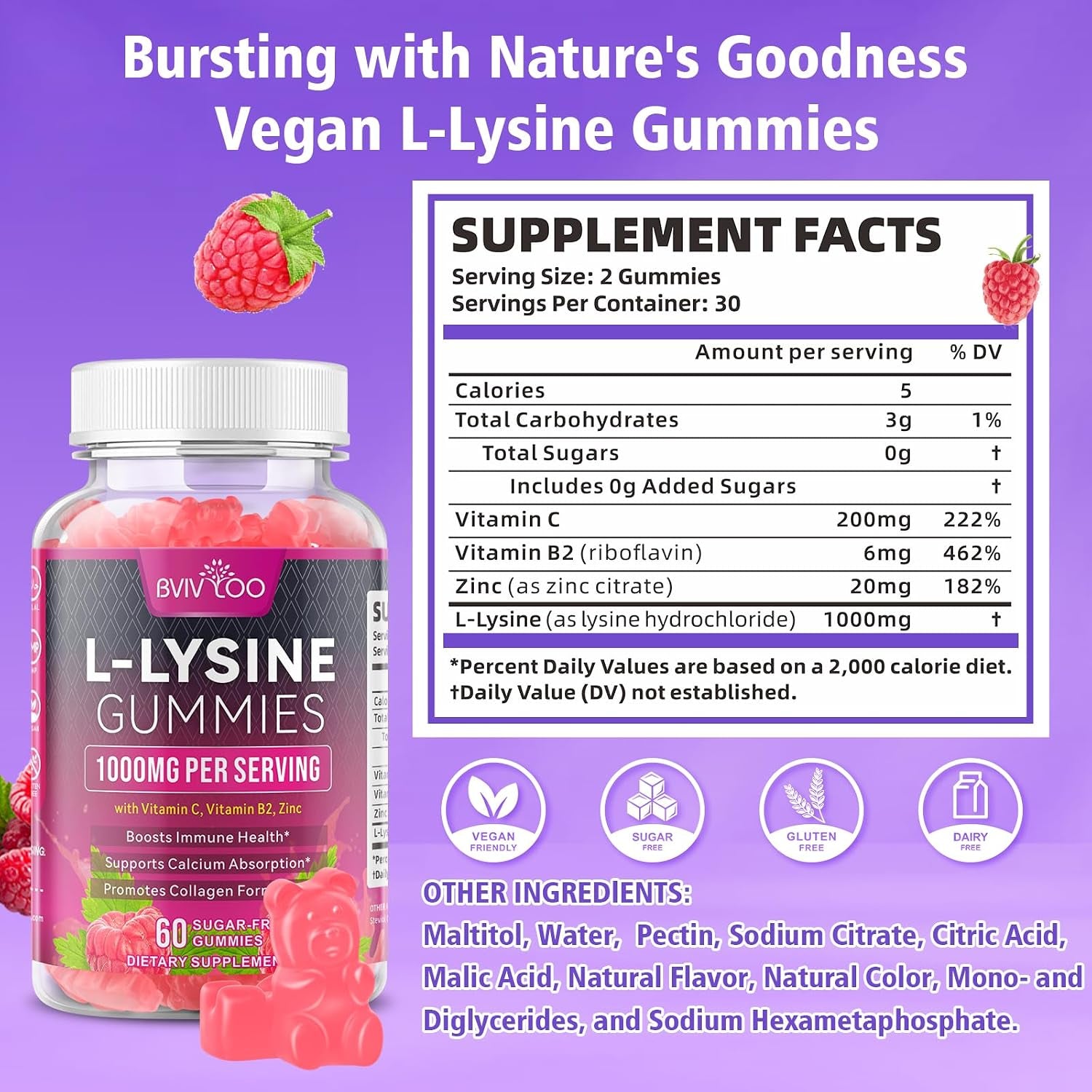 L-Lysine 1000Mg Gummies for Immune Support & Skin Health - High Potency Vegan, Sugar-Free, Gluten-Free Supplement with Natural Raspberry Flavor for Adults & Kids - 60 Gummies