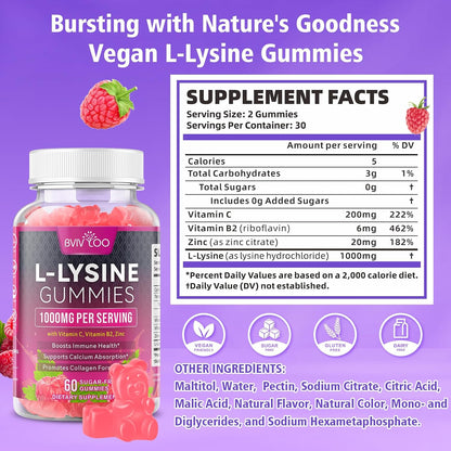 L-Lysine 1000Mg Gummies for Immune Support & Skin Health - High Potency Vegan, Sugar-Free, Gluten-Free Supplement with Natural Raspberry Flavor for Adults & Kids - 60 Gummies