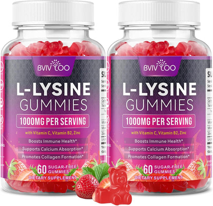 2 Pack L-Lysine 1000Mg Gummies for Immune Support & Skin Health - High Potency Vegan Gummies, Sugar-Free, Natural Berry Flavor, Gluten-Free Chewable Supplement for Adults & Kids - 120 Gummiess
