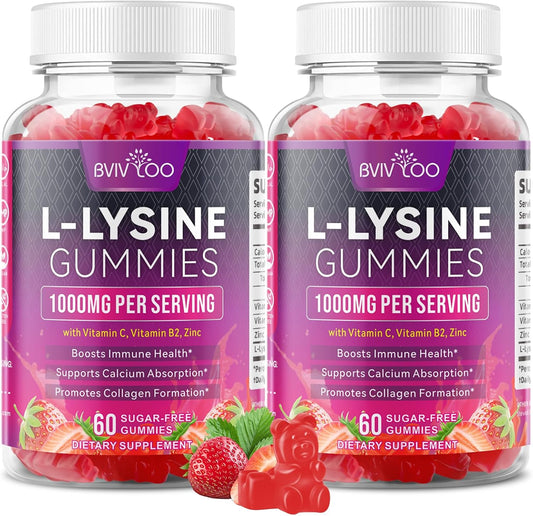 2 Pack L-Lysine 1000Mg Gummies for Immune Support & Skin Health - High Potency Vegan Gummies, Sugar-Free, Natural Berry Flavor, Gluten-Free Chewable Supplement for Adults & Kids - 120 Gummiess