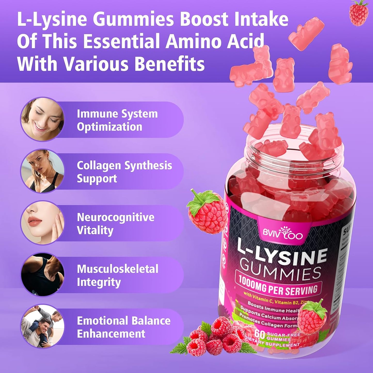 L-Lysine 1000Mg Gummies for Immune Support & Skin Health - High Potency Vegan, Sugar-Free, Gluten-Free Supplement with Natural Raspberry Flavor for Adults & Kids - 60 Gummies
