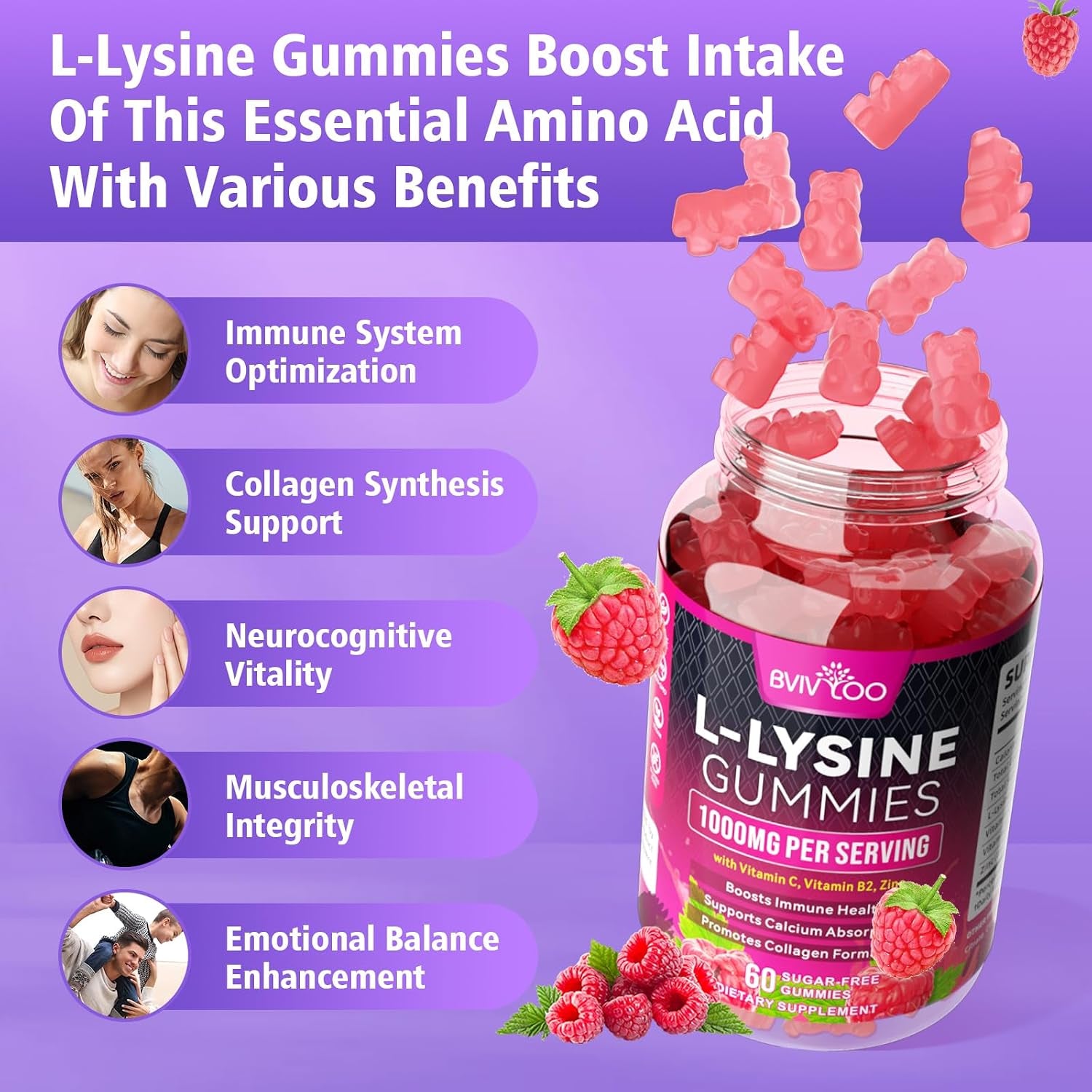 L-Lysine 1000Mg Gummies for Immune Support & Skin Health - High Potency Vegan, Sugar-Free, Gluten-Free Supplement with Natural Raspberry Flavor for Adults & Kids - 60 Gummies