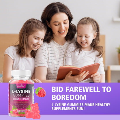L-Lysine 1000Mg Gummies for Immune Support & Skin Health - High Potency Vegan, Sugar-Free, Gluten-Free Supplement with Natural Raspberry Flavor for Adults & Kids - 60 Gummies