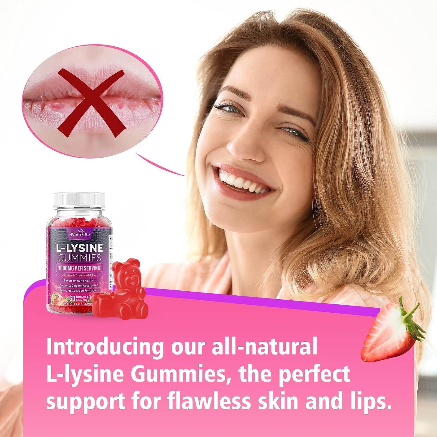 2 Pack L-Lysine 1000Mg Gummies for Immune Support & Skin Health - High Potency Vegan Gummies, Sugar-Free, Natural Berry Flavor, Gluten-Free Chewable Supplement for Adults & Kids - 120 Gummiess