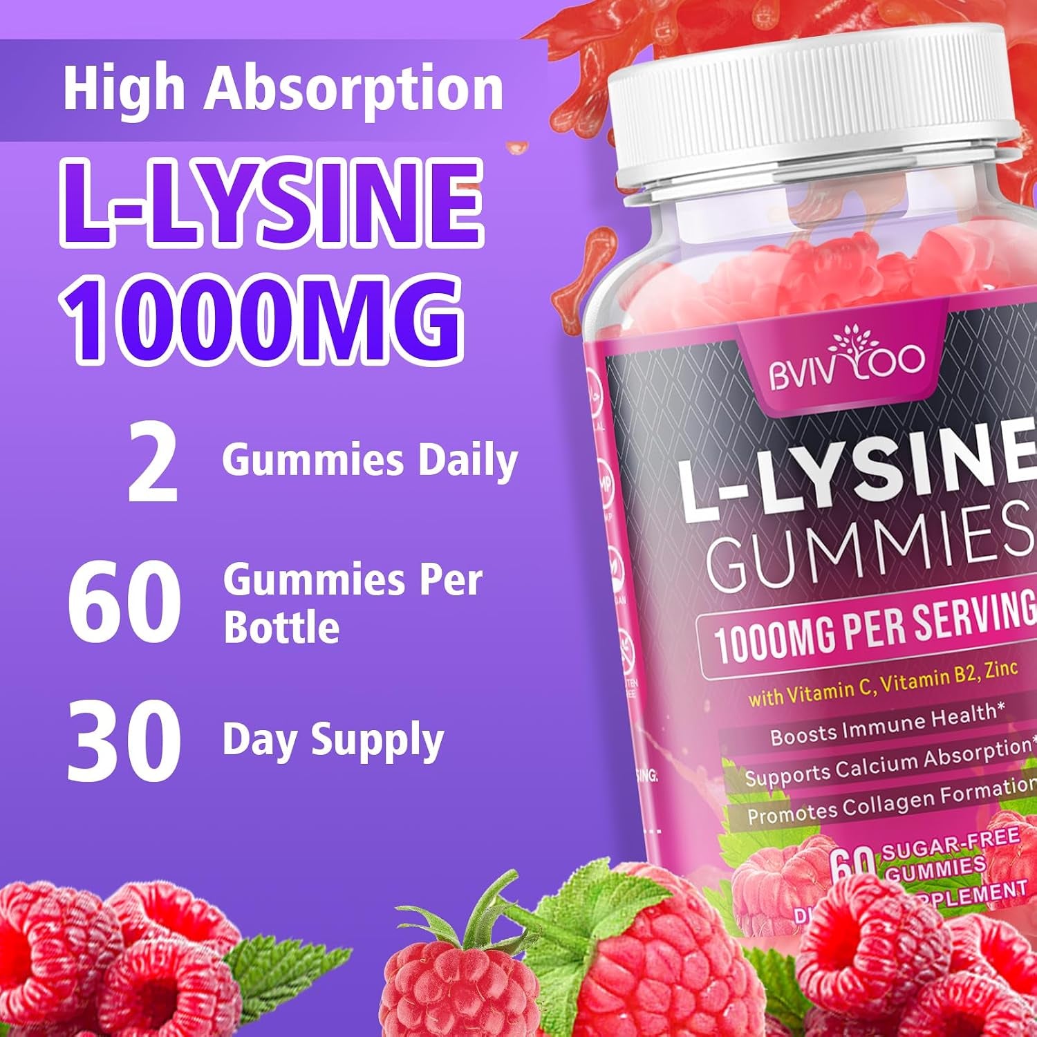 L-Lysine 1000Mg Gummies for Immune Support & Skin Health - High Potency Vegan, Sugar-Free, Gluten-Free Supplement with Natural Raspberry Flavor for Adults & Kids - 60 Gummies